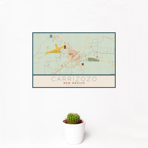 12x18 Carrizozo New Mexico Map Print Landscape Orientation in Woodblock Style With Small Cactus Plant in White Planter