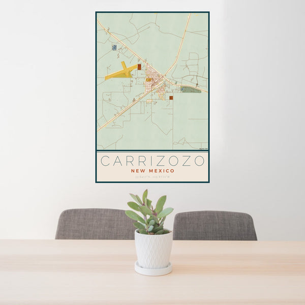 24x36 Carrizozo New Mexico Map Print Portrait Orientation in Woodblock Style Behind 2 Chairs Table and Potted Plant