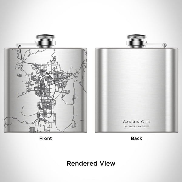 Rendered View of Carson City Nevada Map Engraving on 6oz Stainless Steel Flask