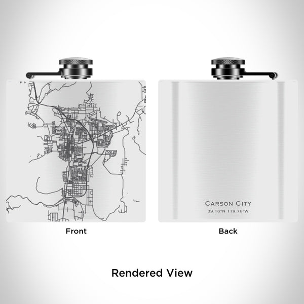 Rendered View of Carson City Nevada Map Engraving on 6oz Stainless Steel Flask in White