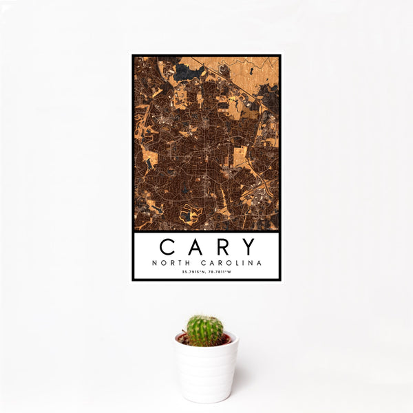 12x18 Cary North Carolina Map Print Portrait Orientation in Ember Style With Small Cactus Plant in White Planter