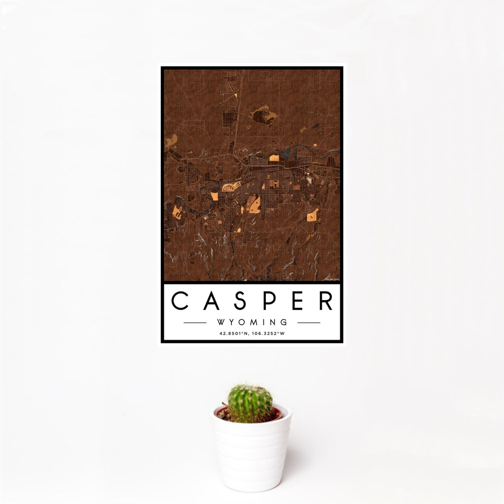12x18 Casper Wyoming Map Print Portrait Orientation in Ember Style With Small Cactus Plant in White Planter