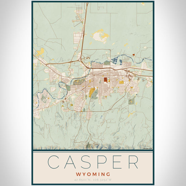 Casper Wyoming Map Print Portrait Orientation in Woodblock Style With Shaded Background