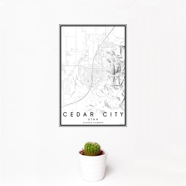 12x18 Cedar City Utah Map Print Portrait Orientation in Classic Style With Small Cactus Plant in White Planter