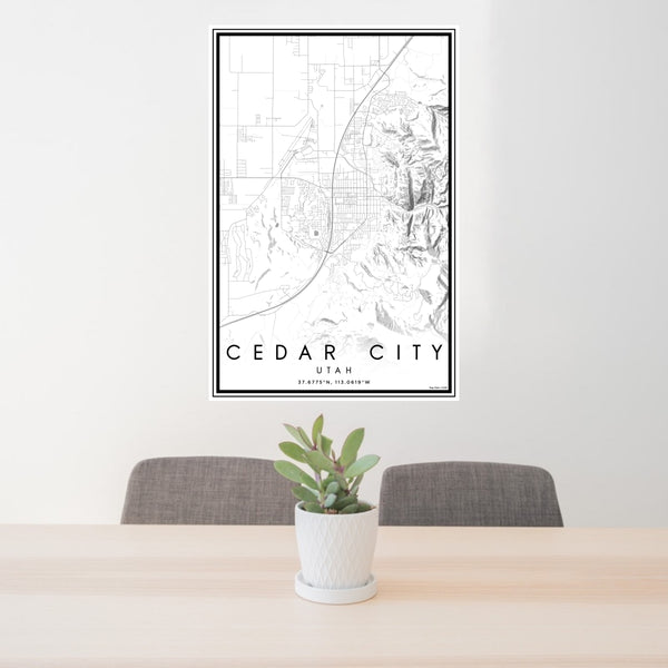 24x36 Cedar City Utah Map Print Portrait Orientation in Classic Style Behind 2 Chairs Table and Potted Plant