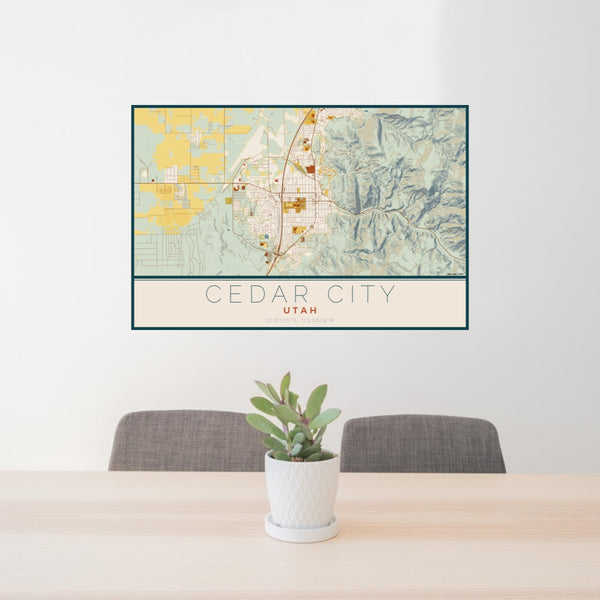 24x36 Cedar City Utah Map Print Lanscape Orientation in Woodblock Style Behind 2 Chairs Table and Potted Plant