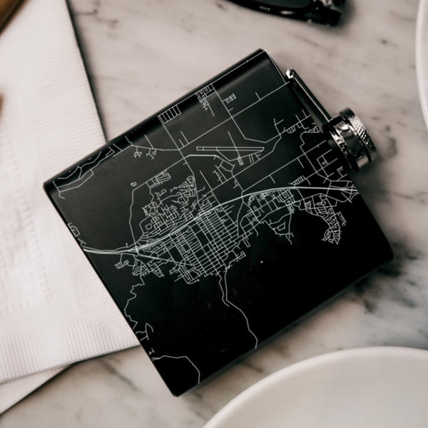 Cedar City Utah Custom Engraved City Map Inscription Coordinates on 6oz Stainless Steel Flask in Black