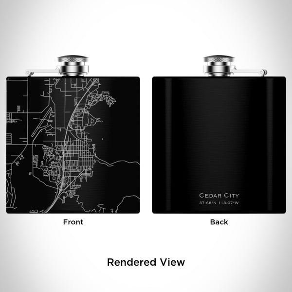 Rendered View of Cedar City Utah Map Engraving on 6oz Stainless Steel Flask in Black