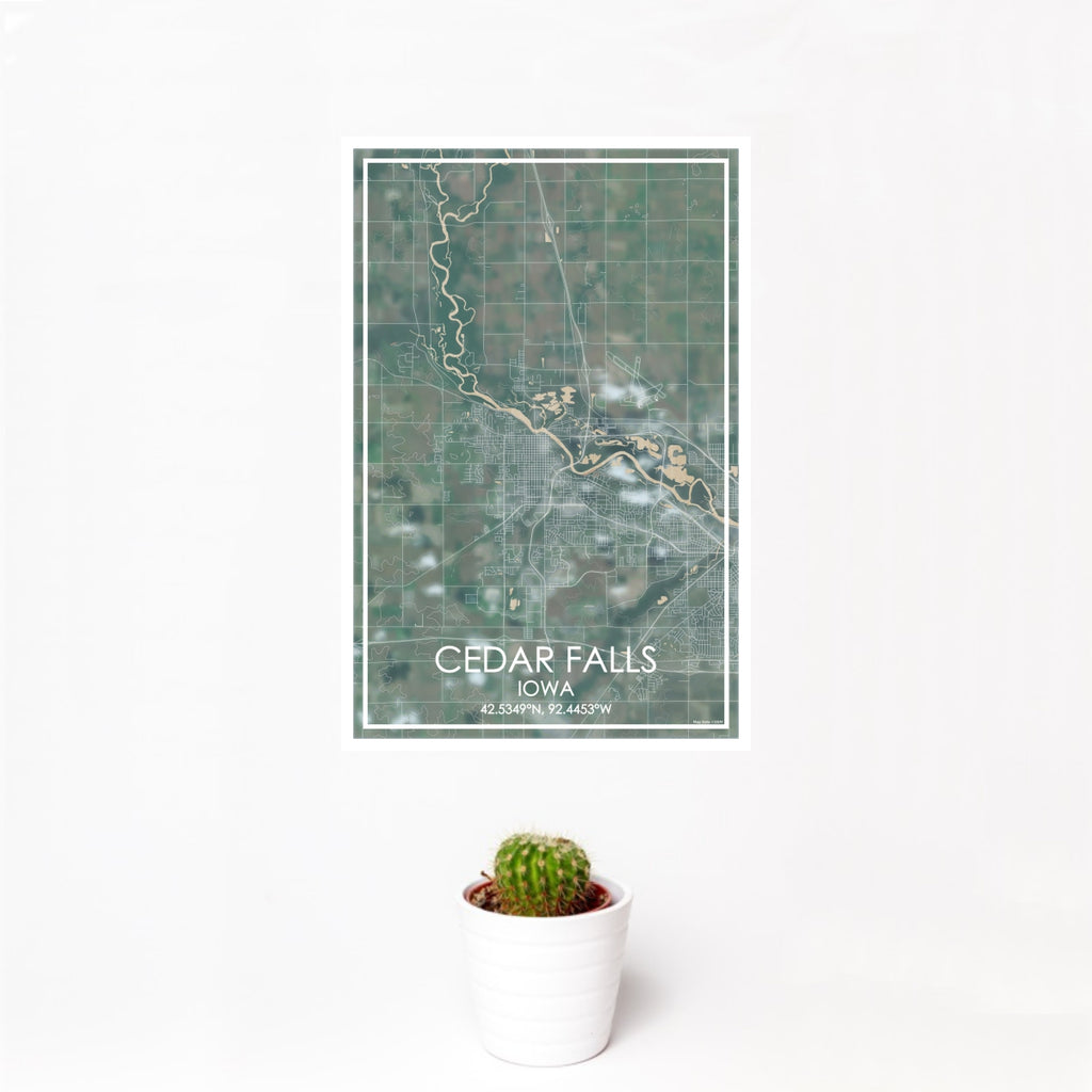 12x18 Cedar Falls Iowa Map Print Portrait Orientation in Afternoon Style With Small Cactus Plant in White Planter
