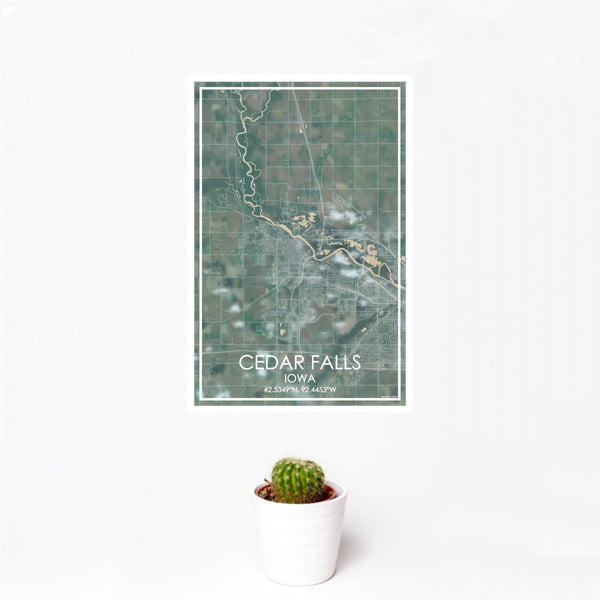 12x18 Cedar Falls Iowa Map Print Portrait Orientation in Afternoon Style With Small Cactus Plant in White Planter