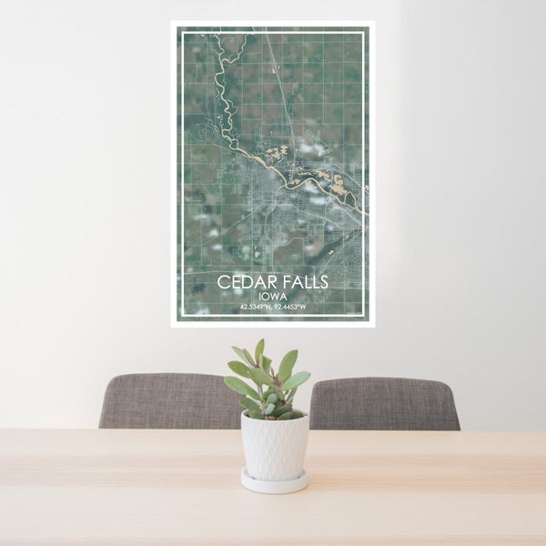 24x36 Cedar Falls Iowa Map Print Portrait Orientation in Afternoon Style Behind 2 Chairs Table and Potted Plant