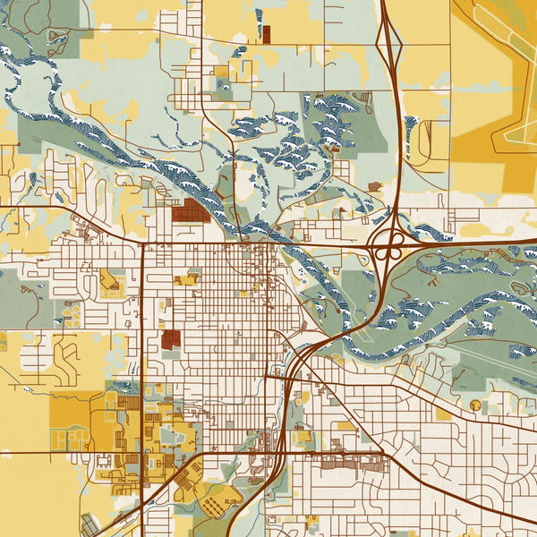 Cedar Falls - Iowa Map Print in Woodblock