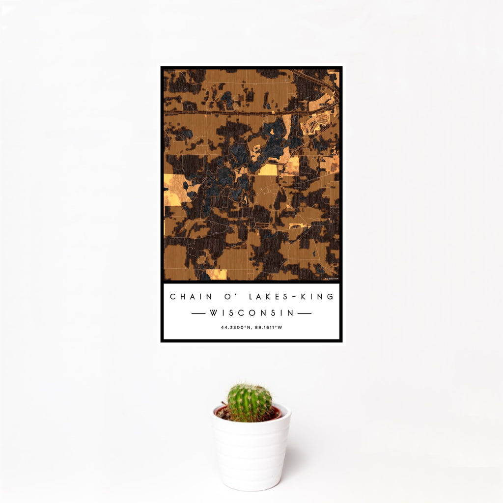 12x18 Chain O' Lakes-King Wisconsin Map Print Portrait Orientation in Ember Style With Small Cactus Plant in White Planter