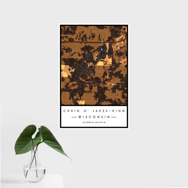 16x24 Chain O' Lakes-King Wisconsin Map Print Portrait Orientation in Ember Style With Tropical Plant Leaves in Water