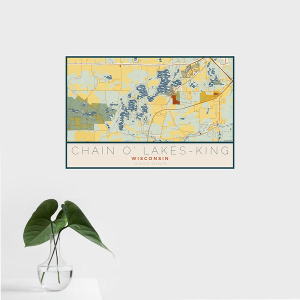 16x24 Chain O' Lakes-King Wisconsin Map Print Landscape Orientation in Woodblock Style With Tropical Plant Leaves in Water