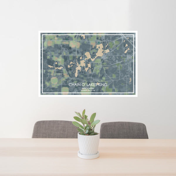 24x36 Chain O' Lakes-King Wisconsin Map Print Lanscape Orientation in Afternoon Style Behind 2 Chairs Table and Potted Plant