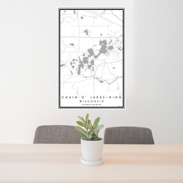 24x36 Chain O' Lakes-King Wisconsin Map Print Portrait Orientation in Classic Style Behind 2 Chairs Table and Potted Plant