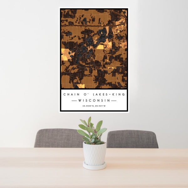 24x36 Chain O' Lakes-King Wisconsin Map Print Portrait Orientation in Ember Style Behind 2 Chairs Table and Potted Plant