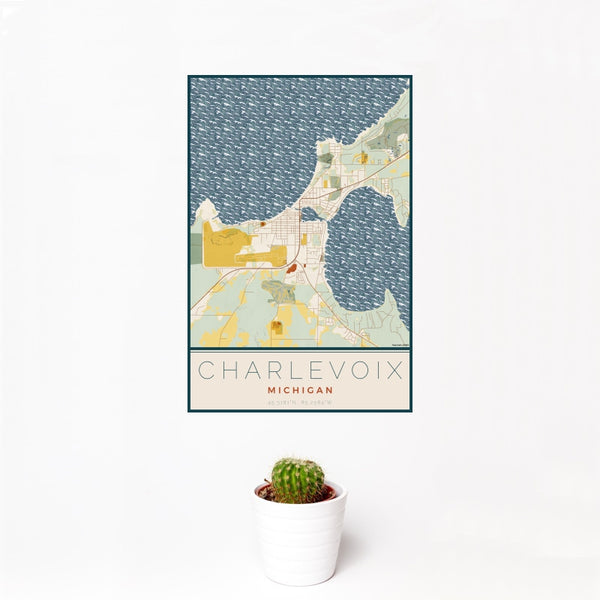 Charlevoix - Michigan Map Print in Woodblock