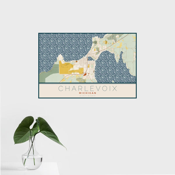 Charlevoix - Michigan Map Print in Woodblock