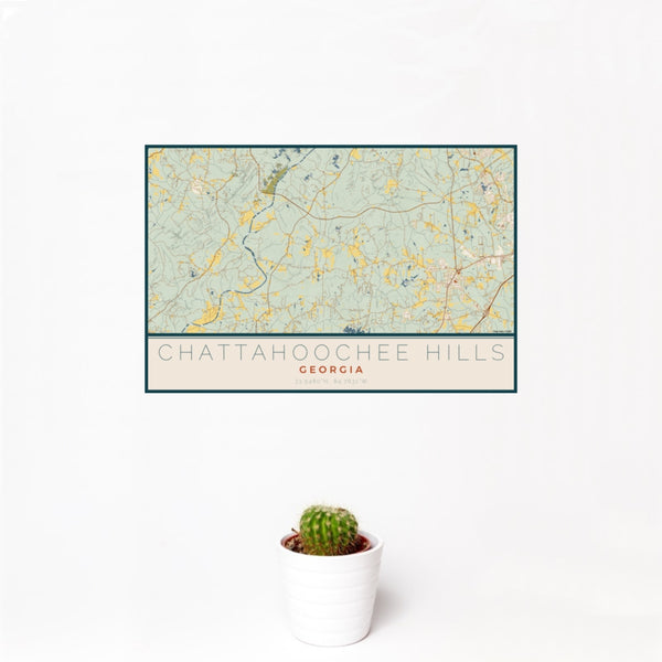 12x18 Chattahoochee Hills Georgia Map Print Landscape Orientation in Woodblock Style With Small Cactus Plant in White Planter