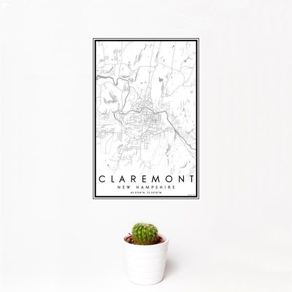12x18 Claremont New Hampshire Map Print Portrait Orientation in Classic Style With Small Cactus Plant in White Planter