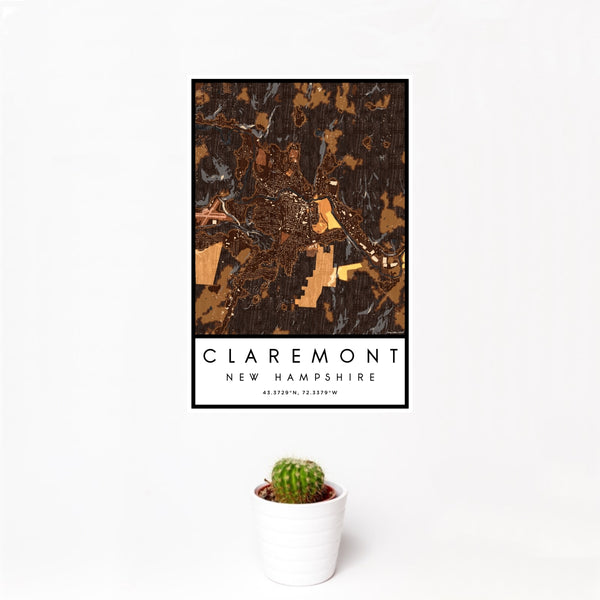 12x18 Claremont New Hampshire Map Print Portrait Orientation in Ember Style With Small Cactus Plant in White Planter