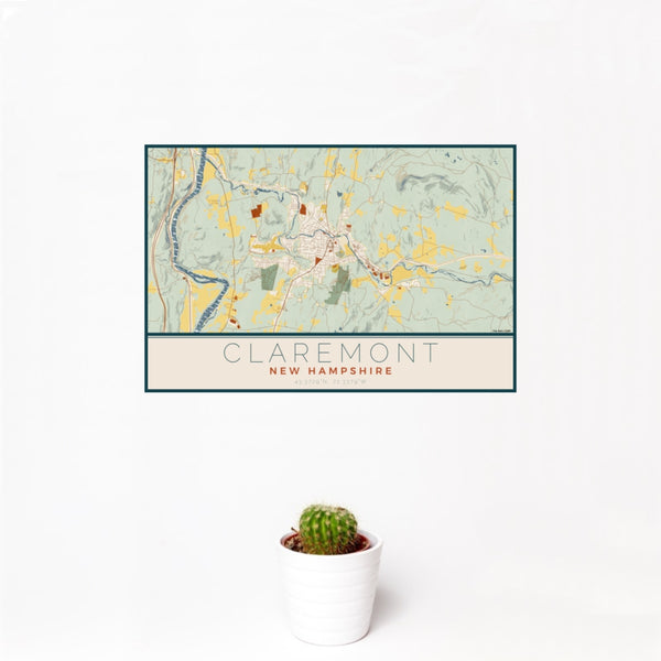 12x18 Claremont New Hampshire Map Print Landscape Orientation in Woodblock Style With Small Cactus Plant in White Planter