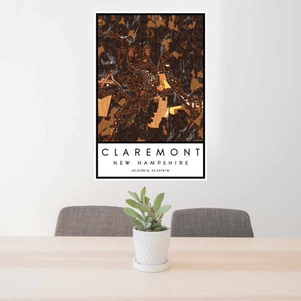 24x36 Claremont New Hampshire Map Print Portrait Orientation in Ember Style Behind 2 Chairs Table and Potted Plant