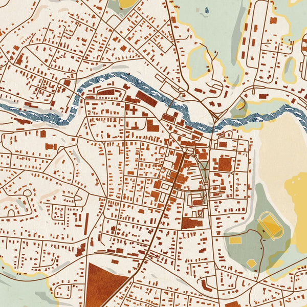 Claremont New Hampshire Map Print in Woodblock Style Zoomed In Close Up Showing Details