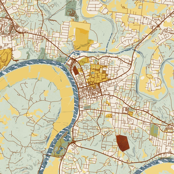 Clarksville - Tennessee Map Print in Woodblock