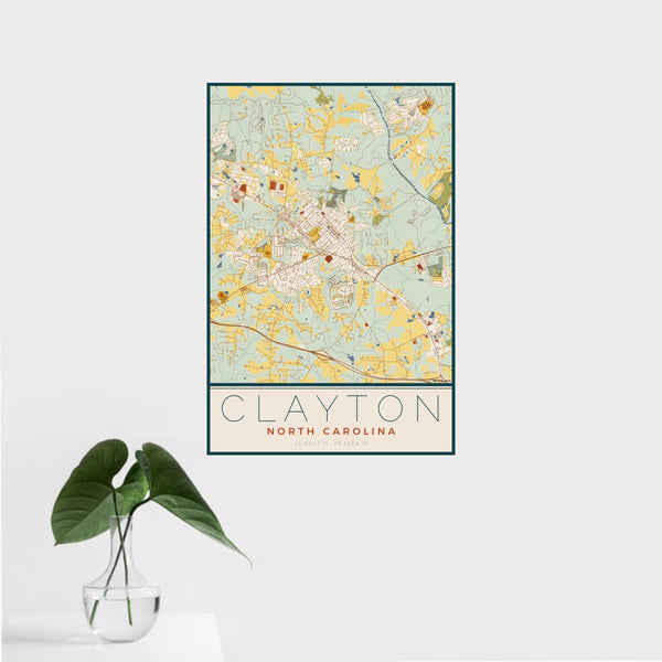 16x24 Clayton North Carolina Map Print Portrait Orientation in Woodblock Style With Tropical Plant Leaves in Water