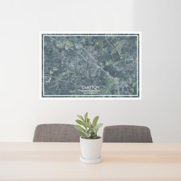 24x36 Clayton North Carolina Map Print Lanscape Orientation in Afternoon Style Behind 2 Chairs Table and Potted Plant