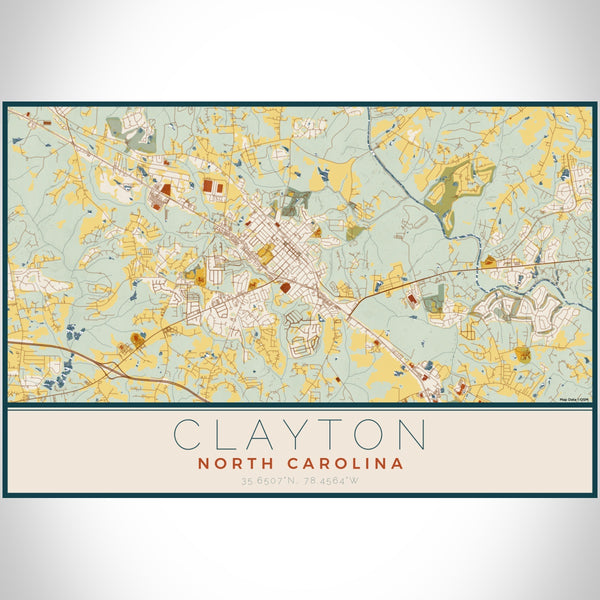 Clayton North Carolina Map Print Landscape Orientation in Woodblock Style With Shaded Background