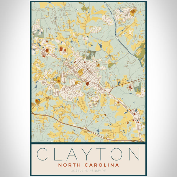 Clayton North Carolina Map Print Portrait Orientation in Woodblock Style With Shaded Background