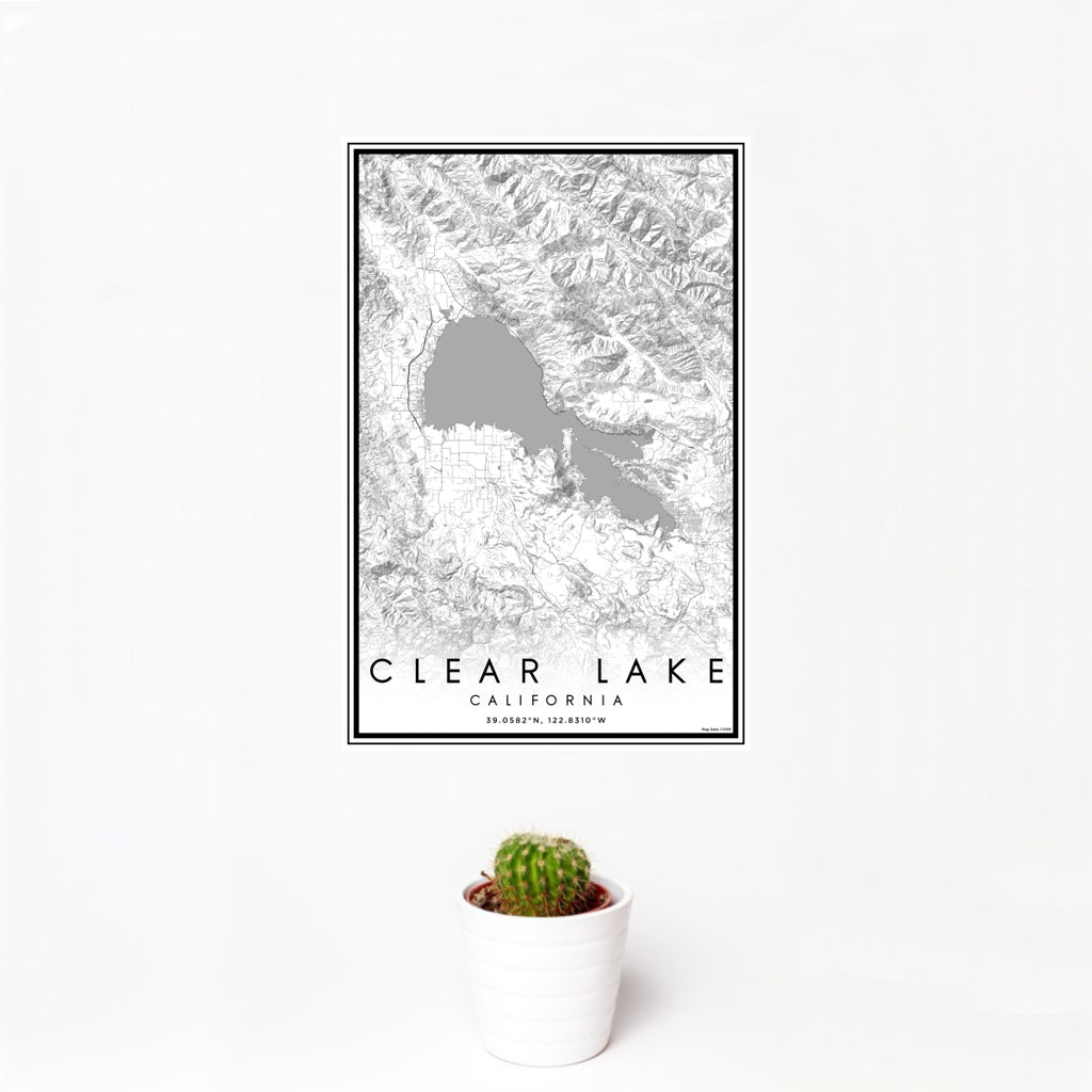 12x18 Clear Lake California Map Print Portrait Orientation in Classic Style With Small Cactus Plant in White Planter