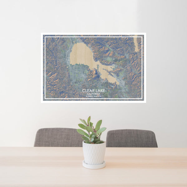 24x36 Clear Lake California Map Print Lanscape Orientation in Afternoon Style Behind 2 Chairs Table and Potted Plant