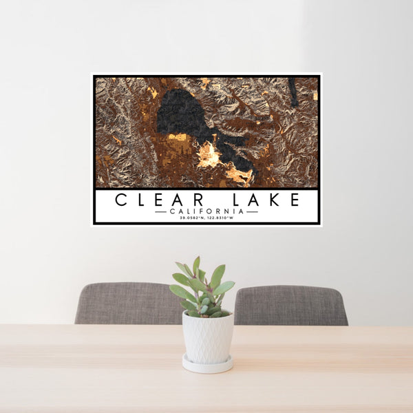 24x36 Clear Lake California Map Print Lanscape Orientation in Ember Style Behind 2 Chairs Table and Potted Plant