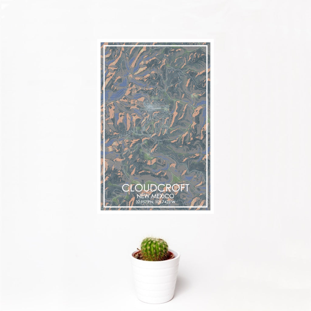 12x18 Cloudcroft New Mexico Map Print Portrait Orientation in Afternoon Style With Small Cactus Plant in White Planter