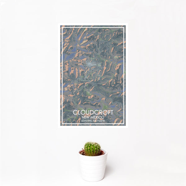 12x18 Cloudcroft New Mexico Map Print Portrait Orientation in Afternoon Style With Small Cactus Plant in White Planter
