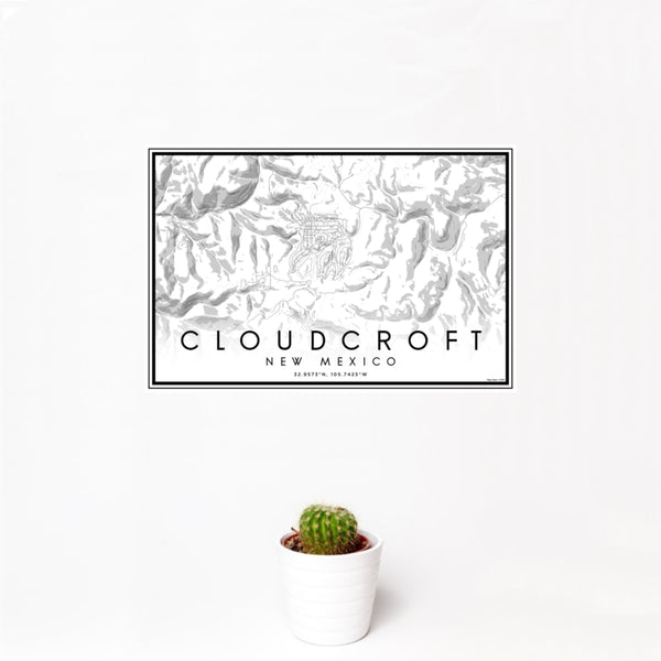 12x18 Cloudcroft New Mexico Map Print Landscape Orientation in Classic Style With Small Cactus Plant in White Planter