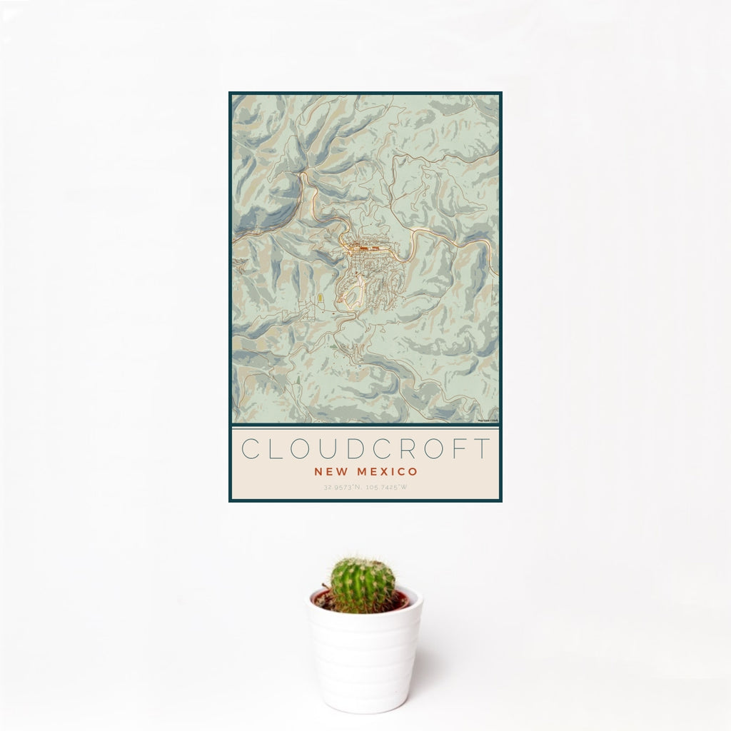 12x18 Cloudcroft New Mexico Map Print Portrait Orientation in Woodblock Style With Small Cactus Plant in White Planter