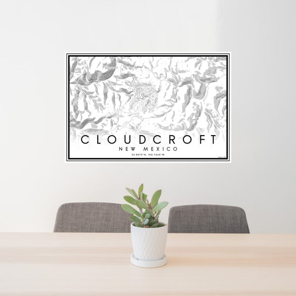 24x36 Cloudcroft New Mexico Map Print Lanscape Orientation in Classic Style Behind 2 Chairs Table and Potted Plant