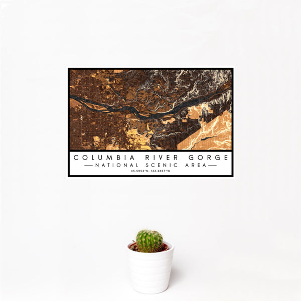 12x18 Columbia River Gorge National Scenic Area Map Print Landscape Orientation in Ember Style With Small Cactus Plant in White Planter