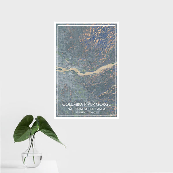 16x24 Columbia River Gorge National Scenic Area Map Print Portrait Orientation in Afternoon Style With Tropical Plant Leaves in Water