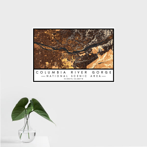 16x24 Columbia River Gorge National Scenic Area Map Print Landscape Orientation in Ember Style With Tropical Plant Leaves in Water