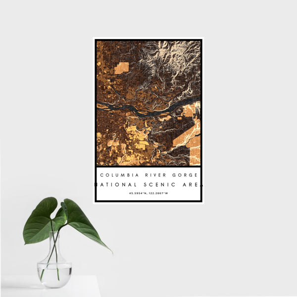 16x24 Columbia River Gorge National Scenic Area Map Print Portrait Orientation in Ember Style With Tropical Plant Leaves in Water