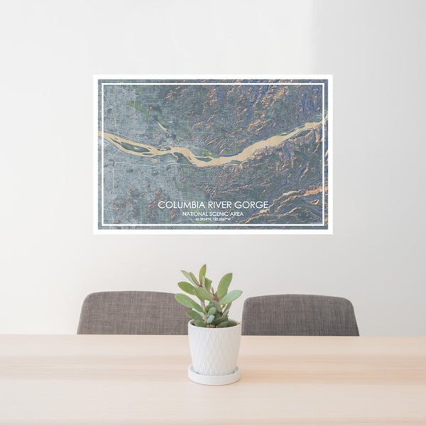24x36 Columbia River Gorge National Scenic Area Map Print Lanscape Orientation in Afternoon Style Behind 2 Chairs Table and Potted Plant