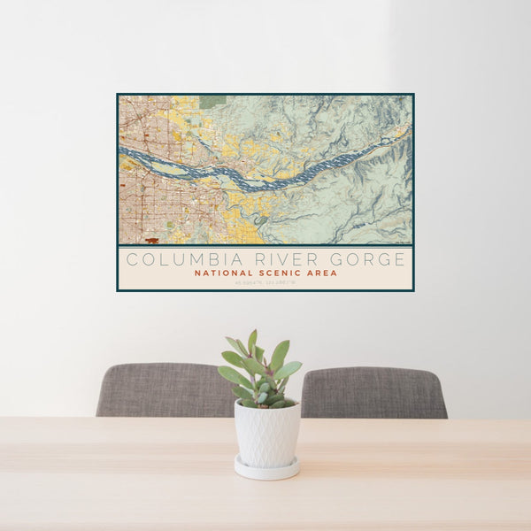 24x36 Columbia River Gorge National Scenic Area Map Print Lanscape Orientation in Woodblock Style Behind 2 Chairs Table and Potted Plant