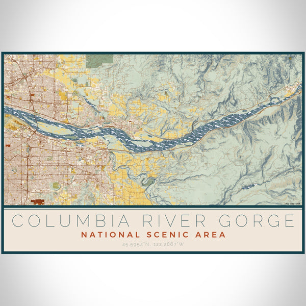 Columbia River Gorge National Scenic Area Map Print Landscape Orientation in Woodblock Style With Shaded Background